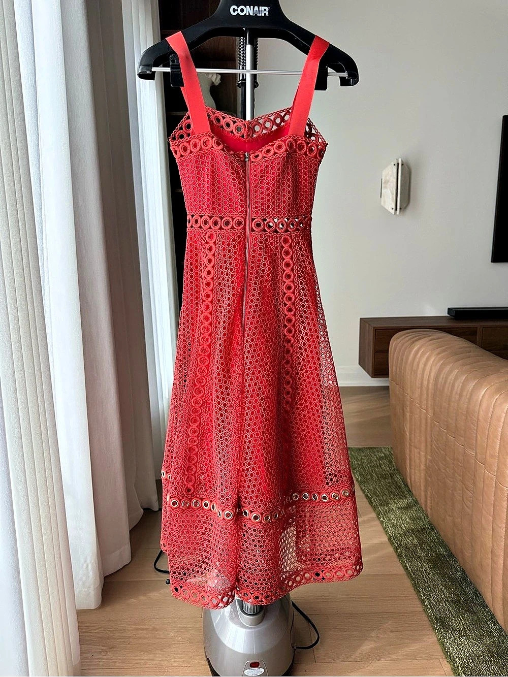 maje Red Eyelet Lace Fit-and-Flare Midi Dress Red